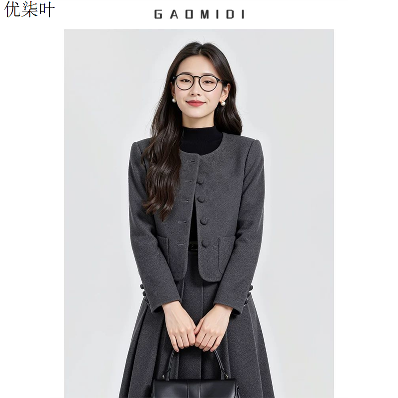 韩系灰色短款毛呢外套女秋冬小个子通勤气质小香风呢子西装套装裙