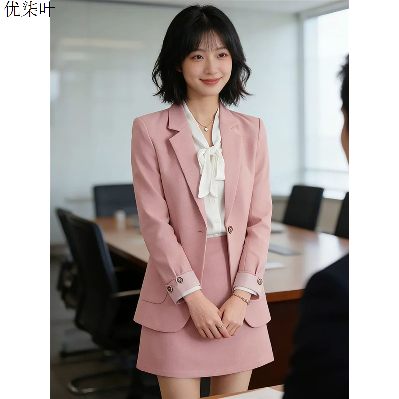 粉色西装套裙女小个子面试职业正装艺考工作服通勤休闲小西服外套