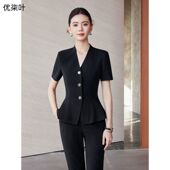 气质收腰高级感珠宝店工作服职业装 黑色西装 短袖 女夏季 两件套 套装