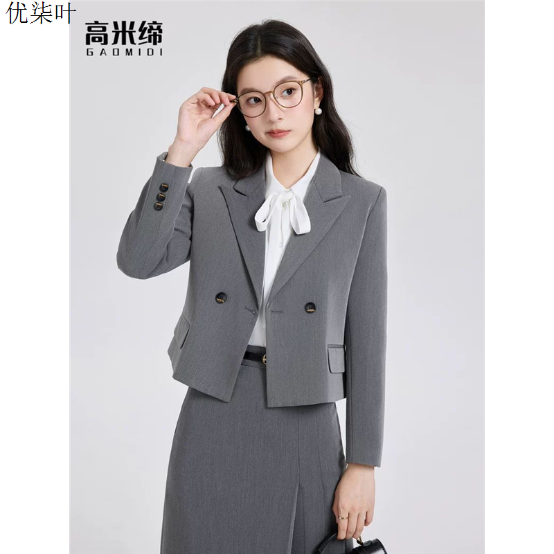 灰色短款西装外套女士通勤面试职业大学生正装小个子小西服套装裙