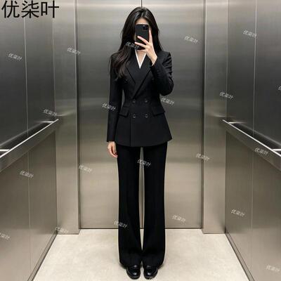 大学生公考毕业答辩职业西装套装女黑色双排扣立体微喇裤面试正装