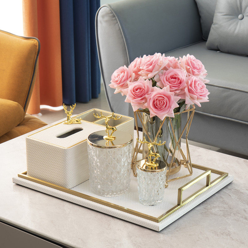 轻奢软装饰品搭配家用茶几客厅纸巾盒托盘收纳摆件皮革样板间套装