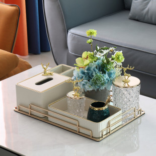 抽纸盒搭配套装 饰摆件 客厅茶几收纳盒多功能纸巾盒托盘花瓶创意装