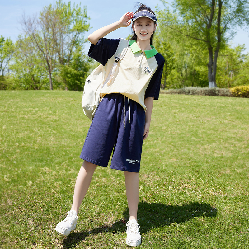 初中生休闲套装少女夏季新品绣花拼色POLO衫短裤宽松两件套运动服