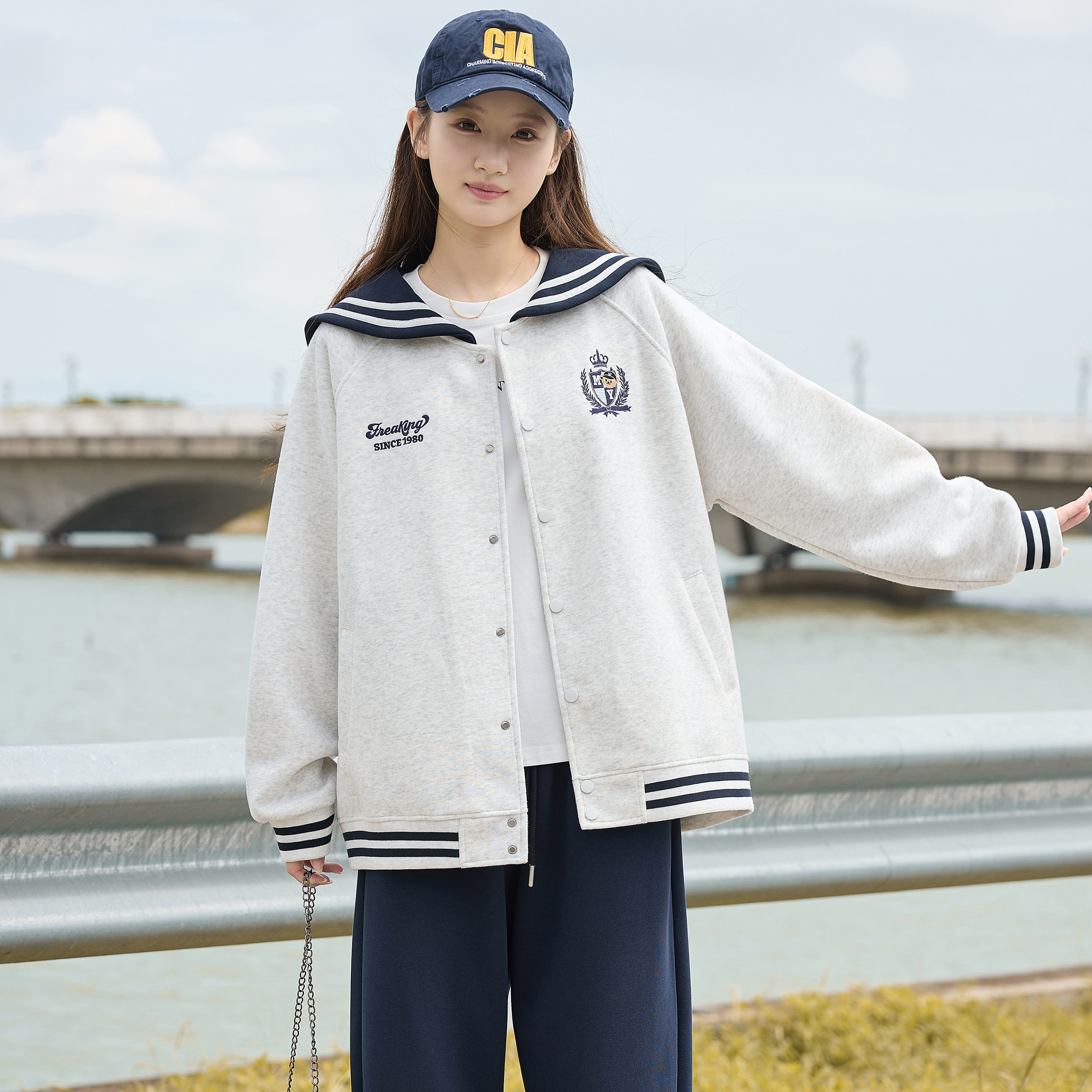 春秋海军领棒球服女运动套装