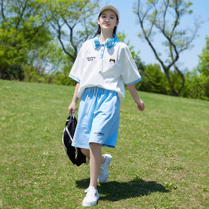 初中生夏装套装女POLO衫13岁学生运动装纯棉夏季宽松两件套高中生