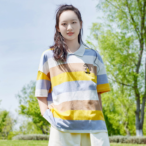 短袖休闲纯棉撞色拼接绣花T恤