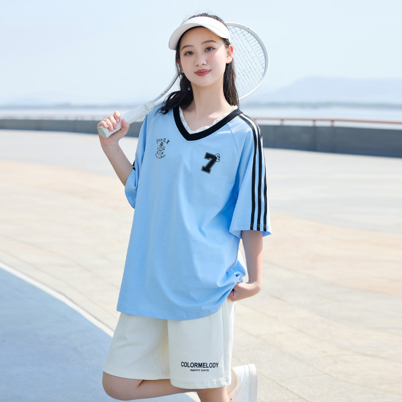 初中生夏装V领女中学生T恤夏季新款韩版宽松短袖纯棉套装上衣撞色