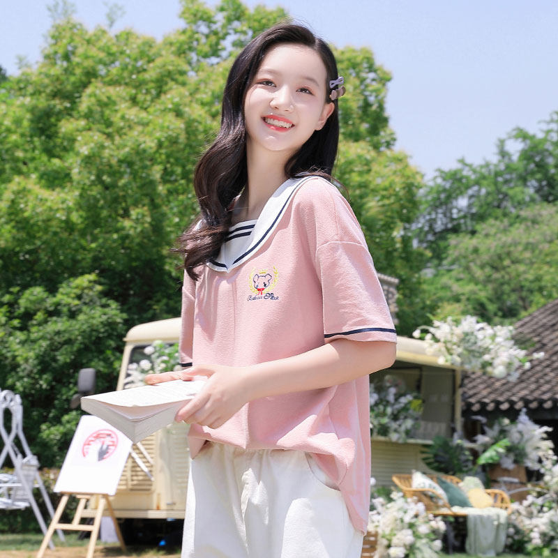 初中女生t恤小衫海军领日系2023年新高中生14岁宽松海军领学院风