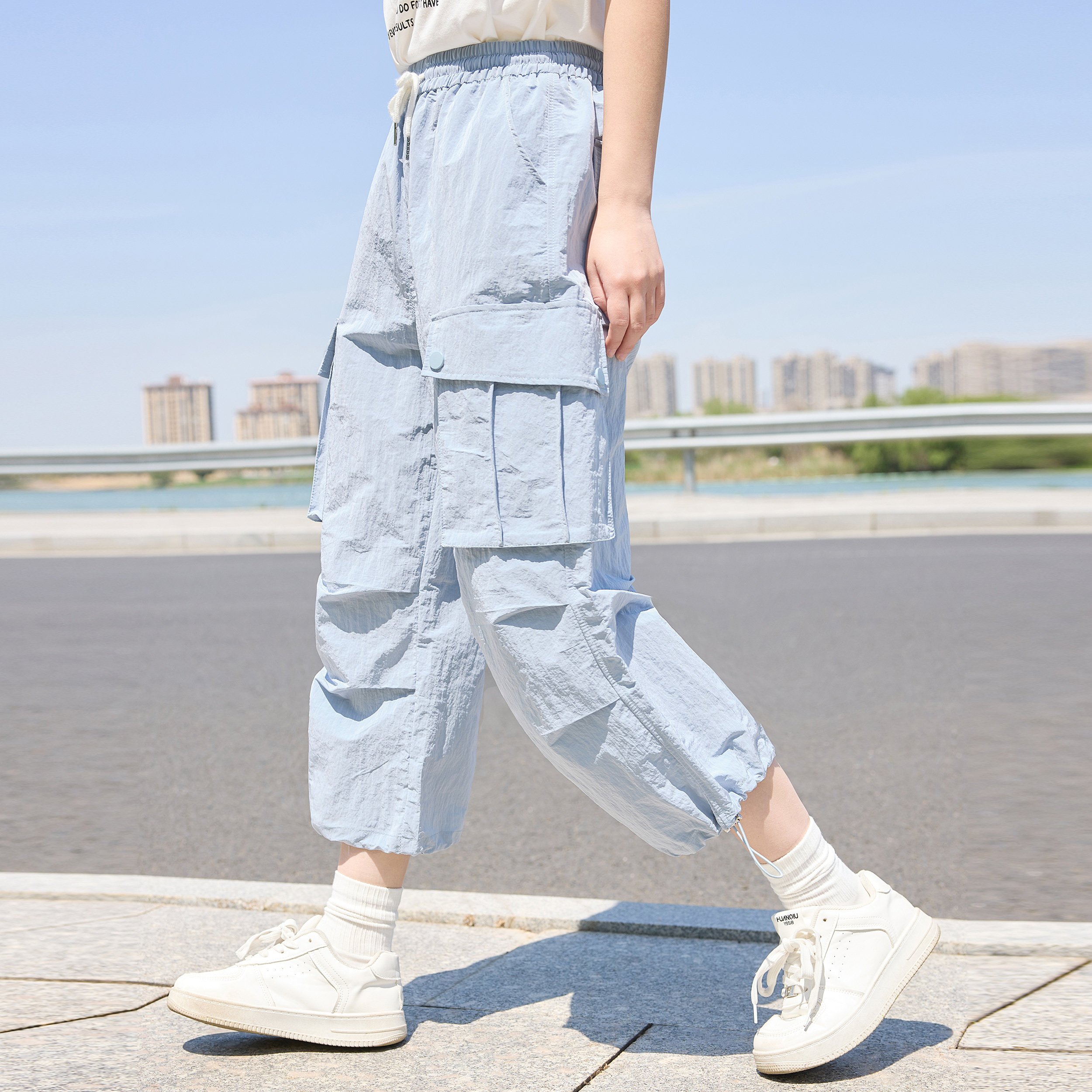 美式工装风系带阔腿裤女学生夏季高腰直筒多口袋休闲裤初中生少女