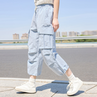 美式工装风系带阔腿裤女学生夏季高腰直筒多口袋休闲裤初中生少女