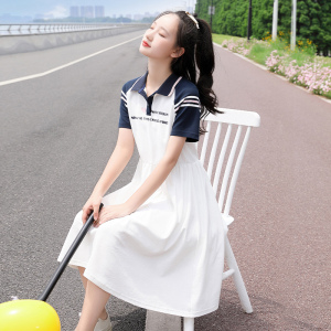 少女连衣裙夏装初中学生女孩高中生学院风长款polo领大童裙子韩版