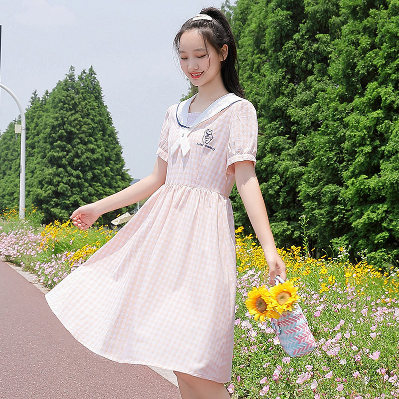 初中学生格子连衣裙少女夏季大童裙子12-15岁女孩夏装娃娃领长裙
