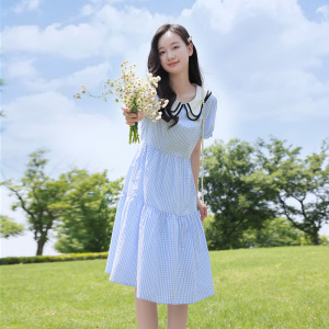 初中生格子连衣裙女娃娃领高中生学院风大童清新中长款蛋糕裙13岁