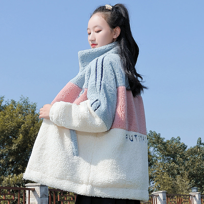 少女冬装外套初中学生2021新款羊羔毛加绒棉衣高中生加厚棉服短款