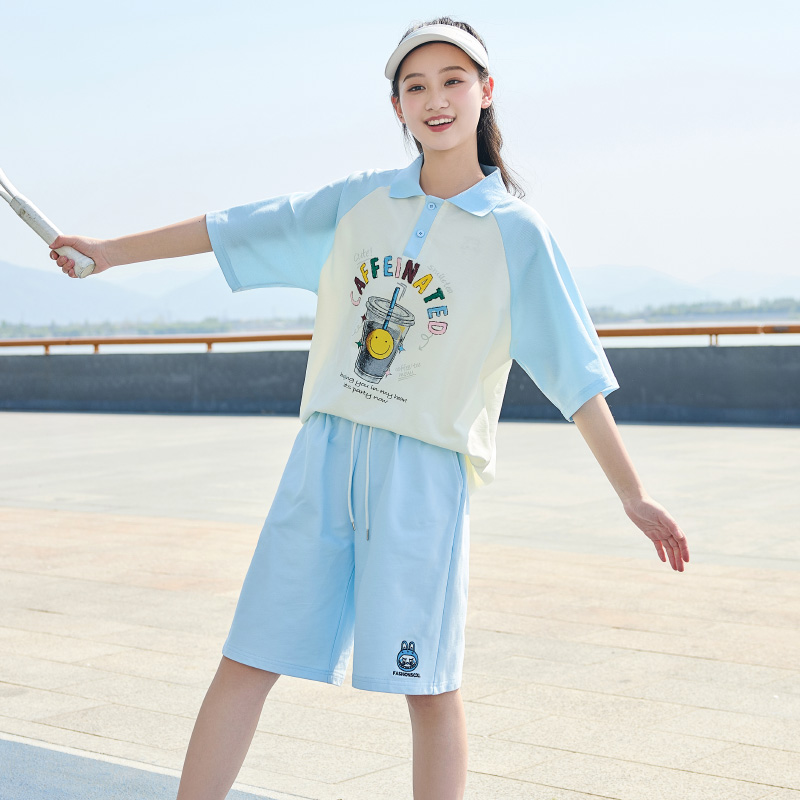 时尚休闲运动套装女polo衫T恤初中生韩版印花宽松短裤跑步两件套