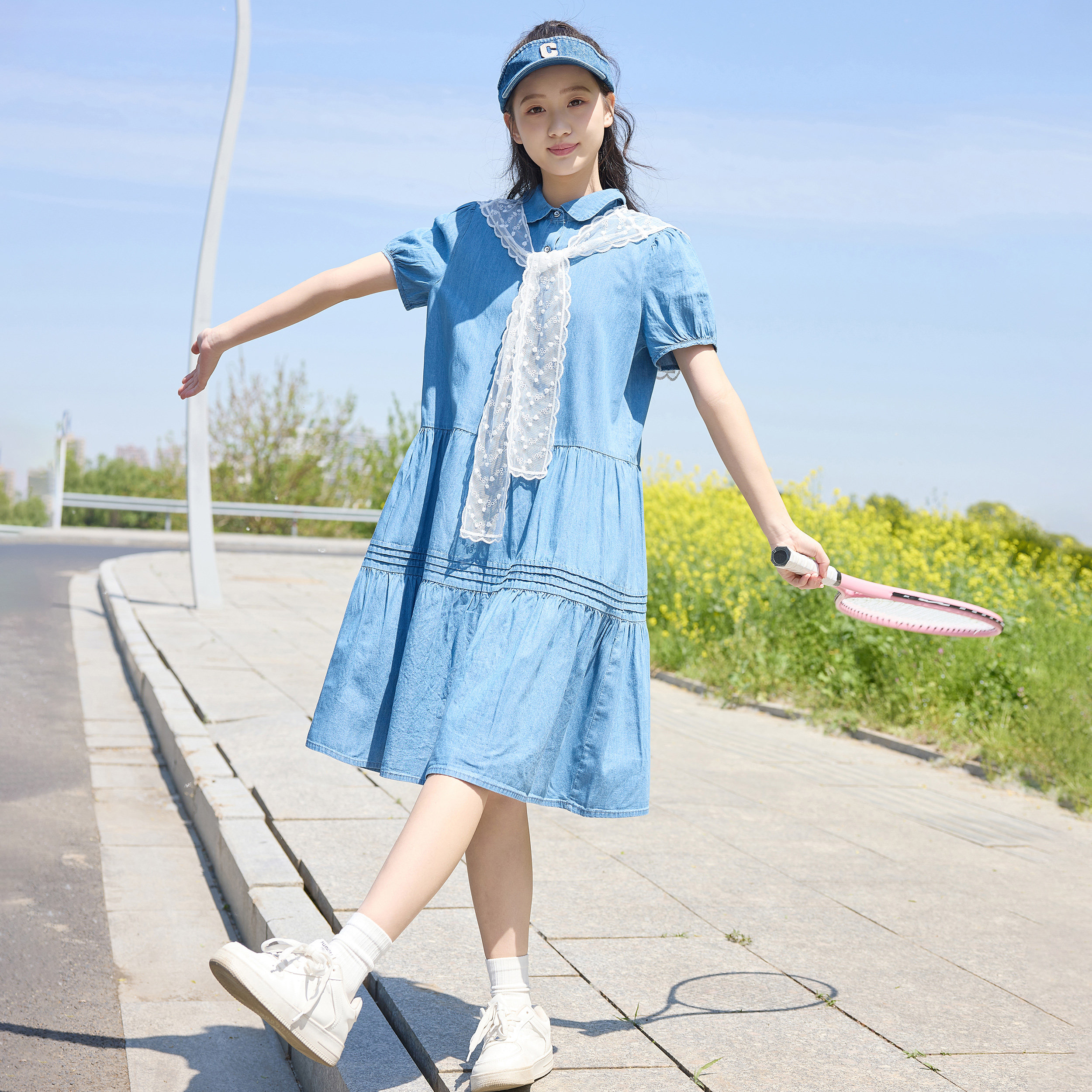 学院风初中生牛仔连衣裙女学生蕾丝领夏中长款收腰显瘦少女大摆裙
