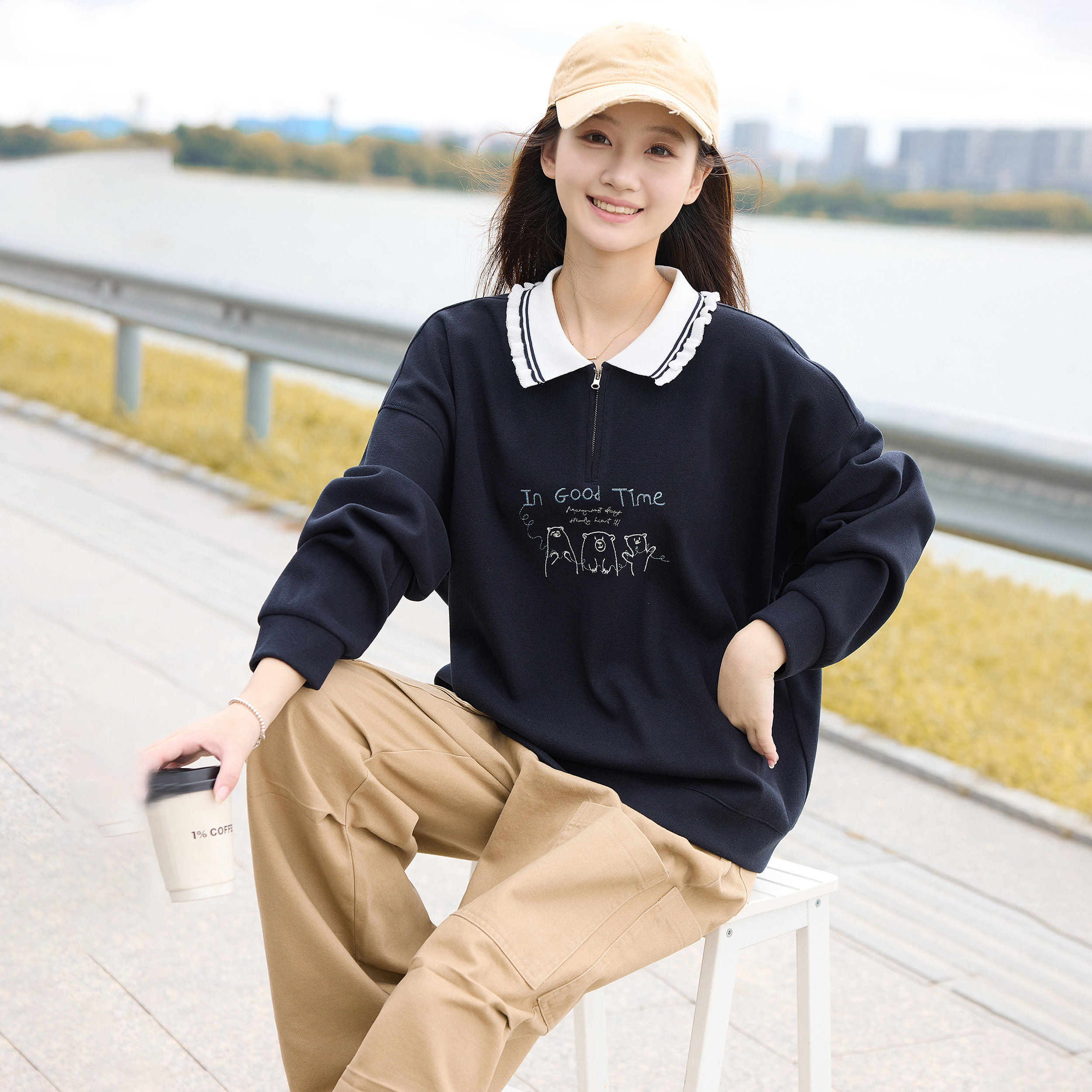 休闲翻领卫衣初中生套装百搭印花