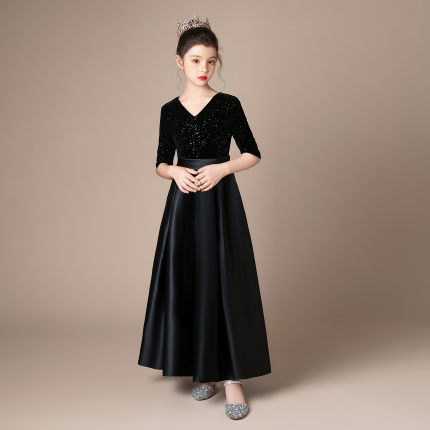 黑色女孩钢琴小提琴丝绒中长袖演出服女童主持礼服管弦乐团大合唱