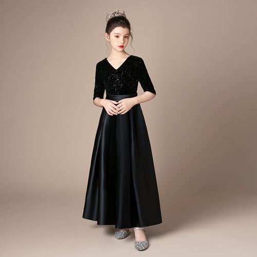 演出服女缎布公主裙长袖丝绒黑色