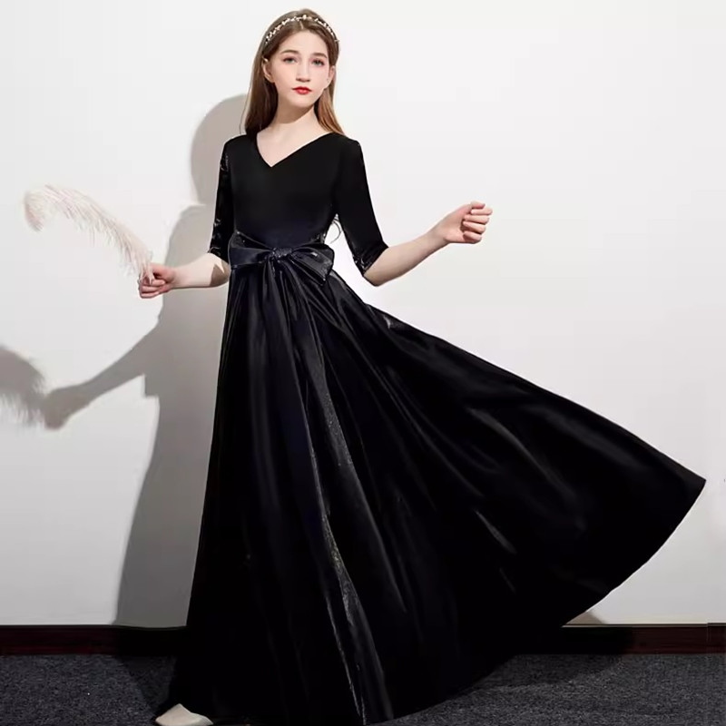 丝绒亮缎儿童黑色晚礼服学校乐团