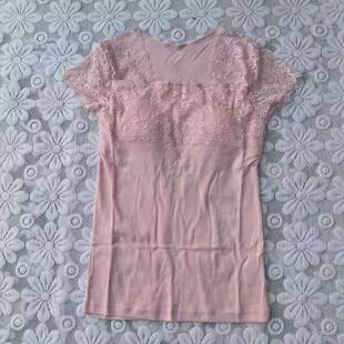 T恤纯棉修身 甜美蕾丝有胸垫免文胸日单短袖 有弹力女打底8766 包邮