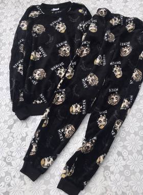 包邮圆领套头束袖口卡通动漫法兰绒家居服套装长袖长裤男睡衣5193