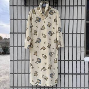 珊瑚绒家居裙宽松休闲长款 日单立领护脖卡通熊套头长袖 睡裙女 包邮