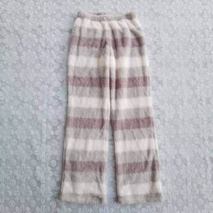 长裤 休闲睡裤 日单松紧腰简约条纹柔软珊瑚绒家居裤 女初春9221 包邮