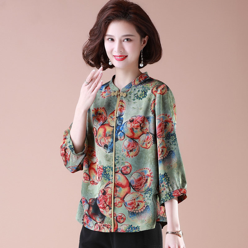 妈妈春夏装民族风衬衫高贵50岁60中老年人女装绸缎衬衣洋气婆婆装