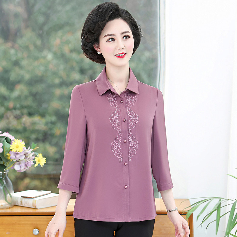 妈妈春装衬衫中老年春秋长袖衬衣女夏装薄款外穿中年女装气质上衣