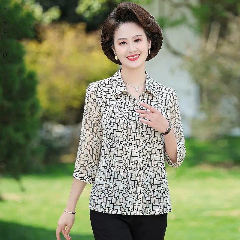 妈妈夏季洋气衬衫中年女士薄款中袖衬衣中老年夏装雪纺七分袖上衣