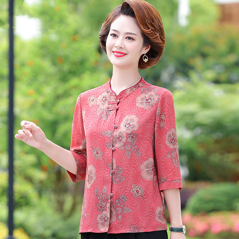 妈妈夏装民族风衬衫复古60岁中老年人女装夏季中袖衬衣洋气雪纺衫