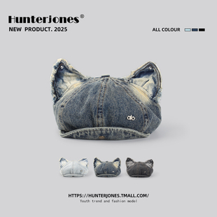 日系可爱猫耳朵水洗牛仔八角帽女大头围百搭文艺复古画家帽贝雷帽