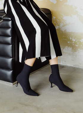 RIM RIM复古黑色经典7cm细跟针织袜靴高跟显瘦新款秋冬弹力靴气质