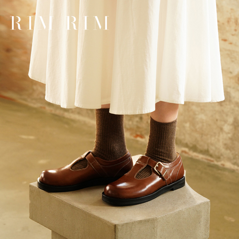 RIM RIM塑型马皮鞋水洗气质单鞋乐福鞋黑色英伦风复古圆头配裙子