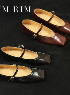 RIM RIM复古一字带玛丽不累脚法式黑色玛丽珍软底春秋工作鞋皮鞋