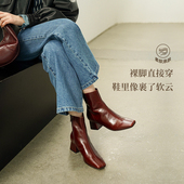 RIM RIM聆里方头真皮加绒短靴女冬季 羊毛一体瘦瘦靴粗跟踝靴保暖