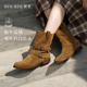RIM RIM聆里马皮棕色西部牛仔靴秋冬新款 短靴防水显瘦中筒骑士靴