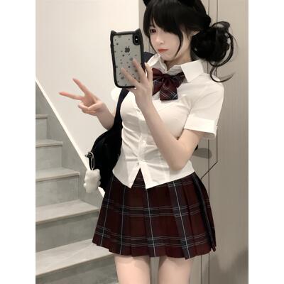 原创暮染jk制服裙套装纯欲辣妹收腰衬衫百褶裙39cm格裙上衣一整套