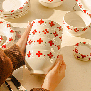 红色花见陶瓷碗碟盘餐具小清新家用西餐盘菜碟饭碗釉下彩燕麦片碗