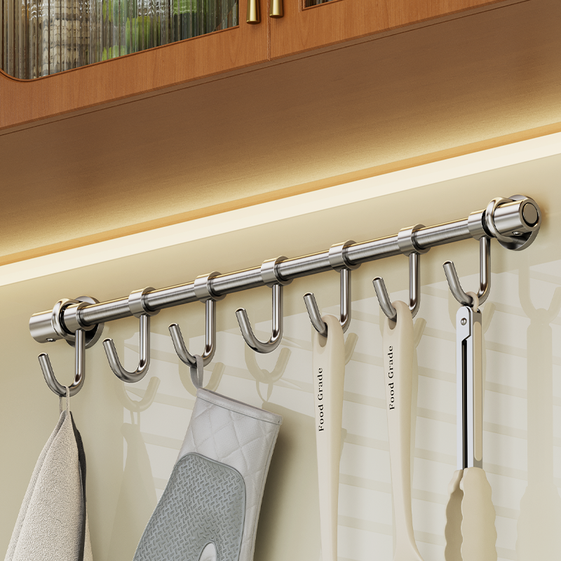可定制实心304不锈钢厨房挂钩架 免打孔厨具收纳挂杆锅铲勺子挂架