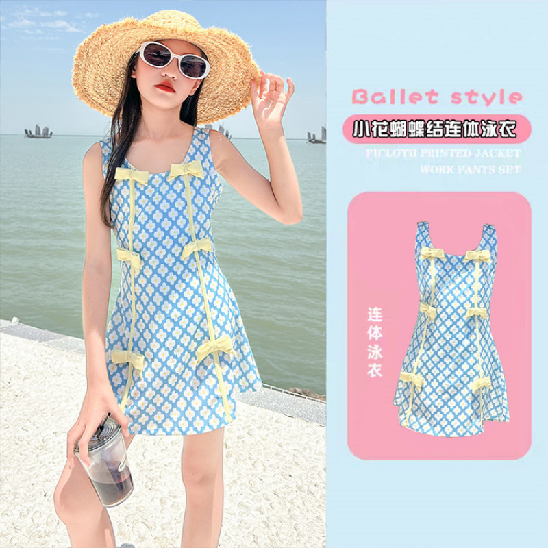 时尚蝴蝶结儿童连体泳衣女童中大童沙滩泳衣泳衣2025新款显瘦遮肚