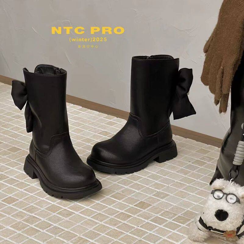 2025冬款新品NTC儿童潮鞋加绒保暖皮面女孩珍珠蝴蝶结款高筒皮靴