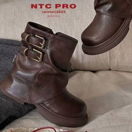 2025冬款新品NTC儿童潮鞋加绒保暖软底复古褶皱款男女童中帮皮靴