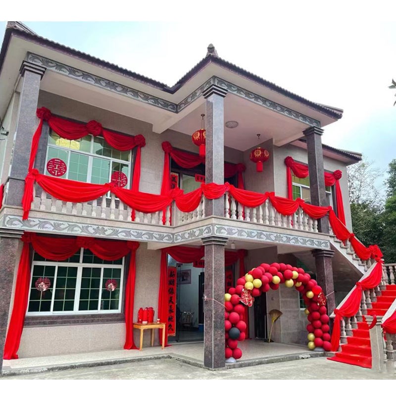 结婚大红花球大门新婚房别墅自建房阳台楼梯中式S婚礼绸布装饰拉