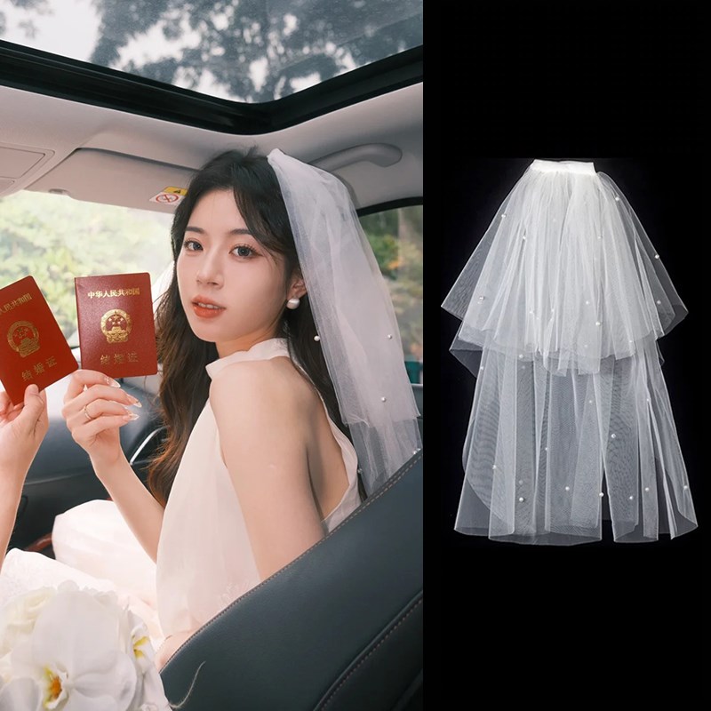 新娘轻头纱素头饰结婚拍照道具求婚领证登记订婚白U色蓬蓬纱主婚