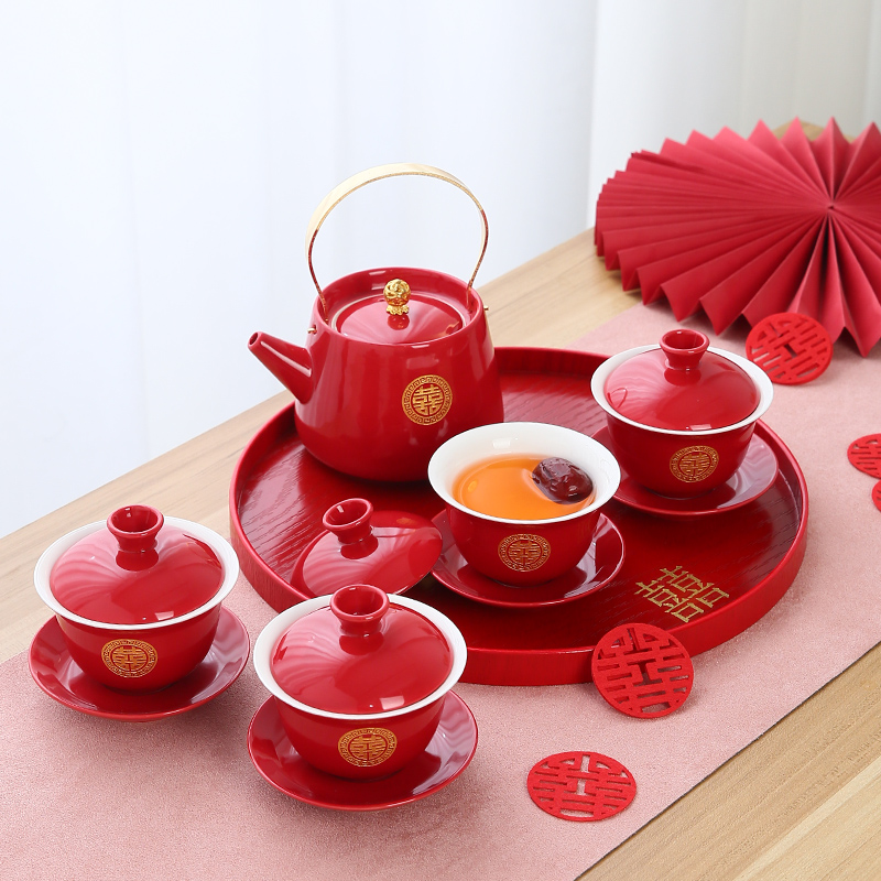 婚庆红色结婚礼品茶具套装u中式新人陪嫁改口敬茶杯陶瓷茶壶喜茶
