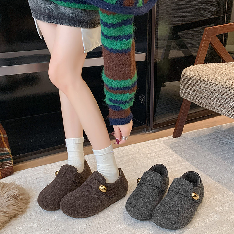 厚底灰色勃肯鞋女加绒毛毛豆豆鞋2025冬季新款一脚蹬乐福棉鞋