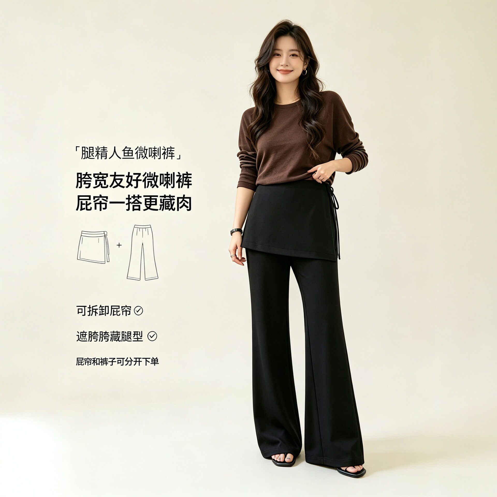 大码女装秋装新款胖MM微喇叭裤高级感气质两件套休闲裤裙通勤长裤